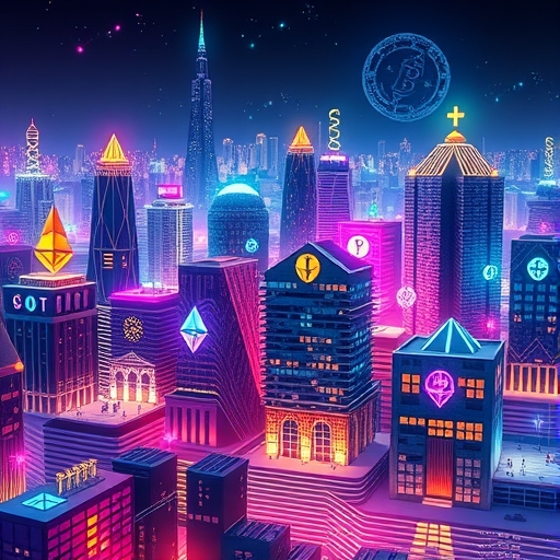 A vibrant digital cityscape constructed from smart contract code blocks and glowing ETH symbols with diverse dApps like DeFi and NFT marketplaces seamlessly integrated into the architecture