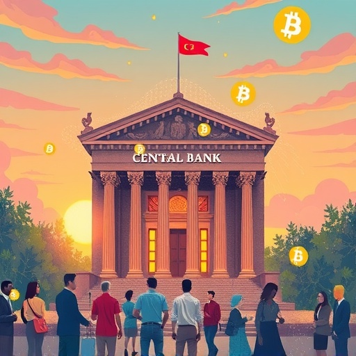 Whimsical illustration of central bank digital currency CBDC evolution with digital circuits and people using glowing currency icons
