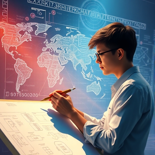 An artist's rendition of Vitalik Buterin sketching a blueprint for a global digital supercomputer with lines of code and futuristic symbols radiating from his imagination, bathed in a warm, inspiring light