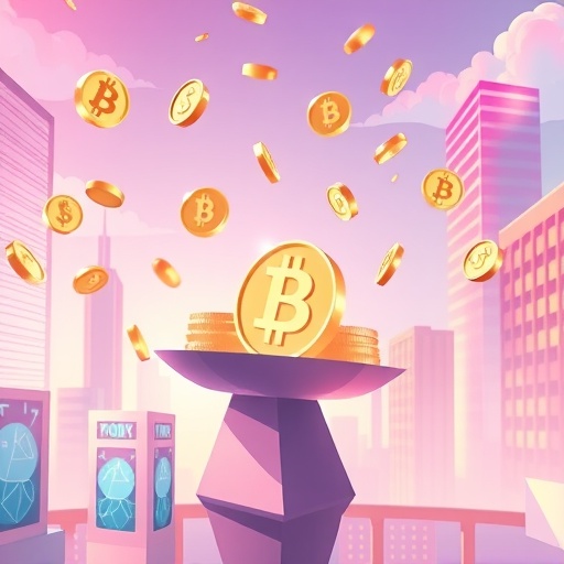 Illustration of balance between physical cash coins and digital cryptocurrency symbols in a futuristic cityscape for cryptocurrency vs cash comparison