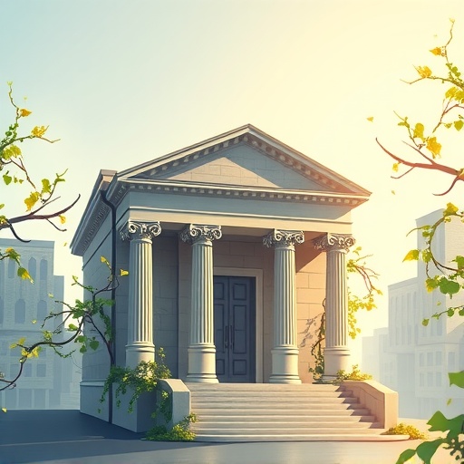 Illustration of a traditional bank building with blockchain nodes growing around it like vines, symbolizing the integration and evolution of blockchain in banking