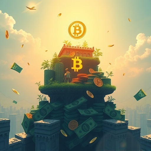 Imaginative illustration of layered financial ecosystem with cash for daily transactions and cryptocurrency as store of value in hybrid future