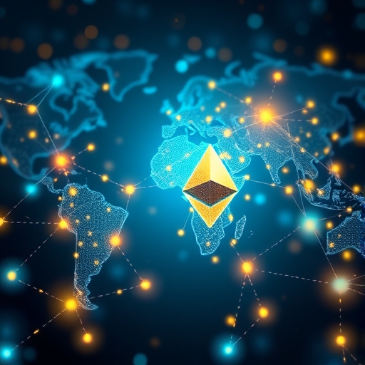 An intricate illustration of a glowing decentralized network with interconnected nodes representing Ethereum's global reach, bathed in soft blue and gold light with ethereal data streams flowing between them