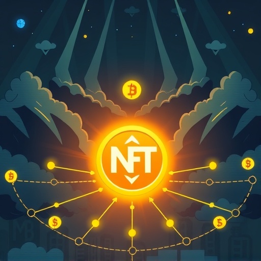 dramatic illustration of a stylized blockchain network with stormy cloud elements representing environmental concerns and shadowy figures hinting at scams surrounding a prominent glowing NFT token