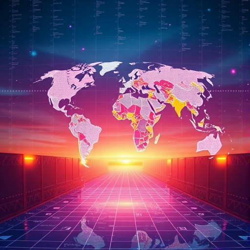 illustration of a digital asset acting as a bridge between diverse global currencies with a vibrant light effect