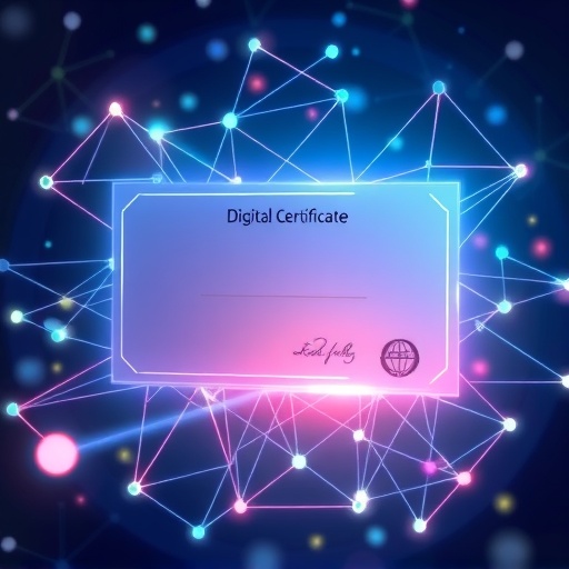 illustration of a digital certificate of authenticity glowing with ethereal light against a backdrop of interconnected blockchain nodes and abstract digital art elements