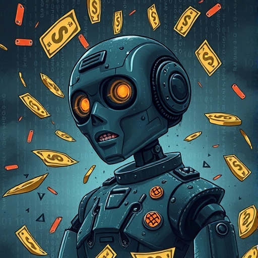 Illustration of a distressed robot symbolizing Solana network vulnerabilities amid crashing SOL prices and cybersecurity threats