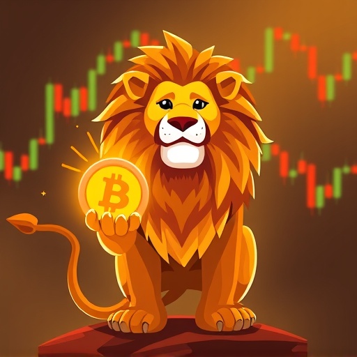 Stylized lion holding a glowing UNUS SED LEO token with crypto trading charts in the background