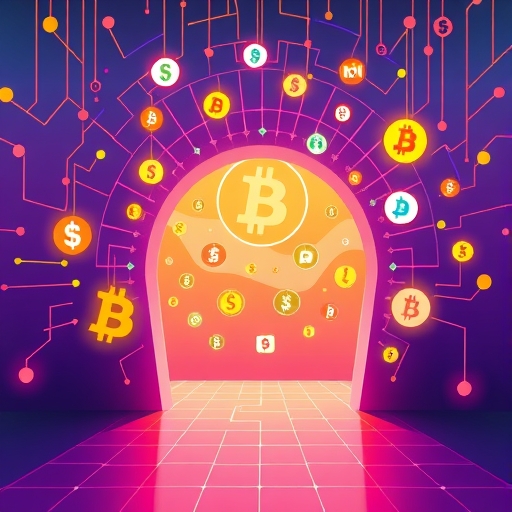 Vibrant illustration of a fiat-to-crypto exchange gateway transitioning from USD symbols to Bitcoin and Ethereum icons with secure flow