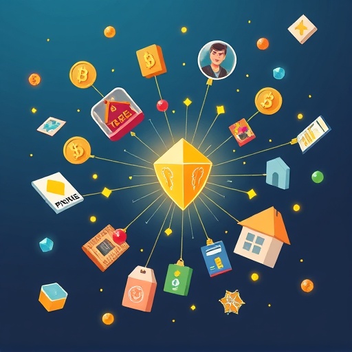 whimsical illustration of diverse digital assets like game items virtual real estate and digital identity cards floating around a central glowing blockchain network