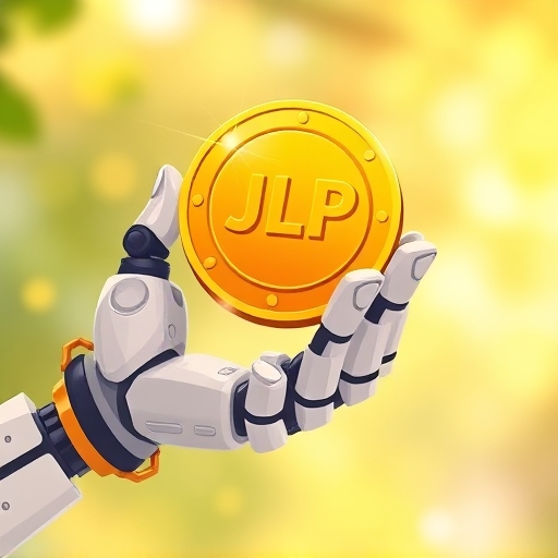 A charming illustration of a shining golden JLP token held by a friendly robot hand, symbolizing Jupiter Perps LP liquidity provider token on Solana