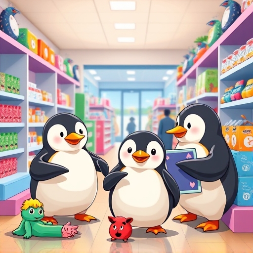A cheerful scene of pudgy penguins characters engaging with physical toys in a bright stylized retail environment transitioning into a digital world for PENGU phygital ecosystem