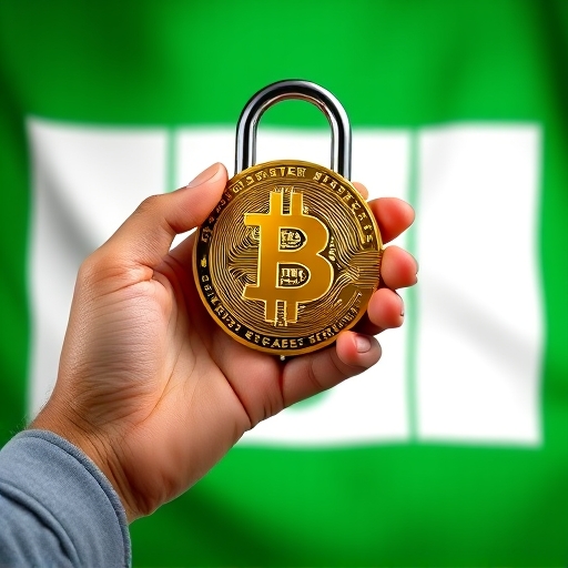 A close-up illustration of a hand holding a Bitcoin symbol with a secure digital lock overlaid on a backdrop of Nigerian flag colors, emphasizing safety in selling Bitcoin in Nigeria