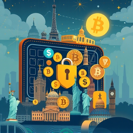 Secure digital wallet with cryptocurrency assets and political landmarks for TRUMP investment guide