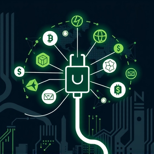 Conceptual illustration of Polkadot as a digital internet plug connecting diverse blockchain icons for seamless interoperability and data transfer