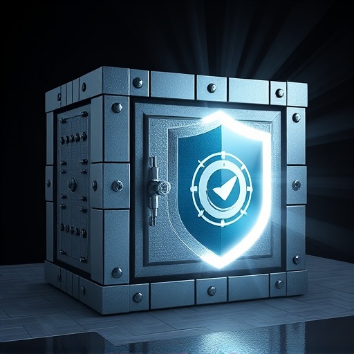 Digital vault with metallic blocks and radiant shield illustrating Move language resource-oriented security in Aptos smart contracts