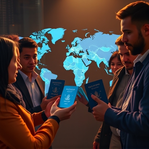 Diverse global crowd engaging with holographic digital passports for Worldcoin decentralized identity and financial inclusion