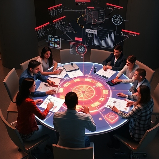 Diverse group at holographic table with charts representing HTX DAO community governance and decentralized decision-making