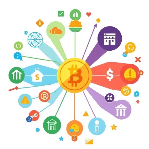A diverse investment portfolio with colorful interconnected asset icons spotlighting a bright digital coin, highlighting cryptocurrency's diversification benefits
