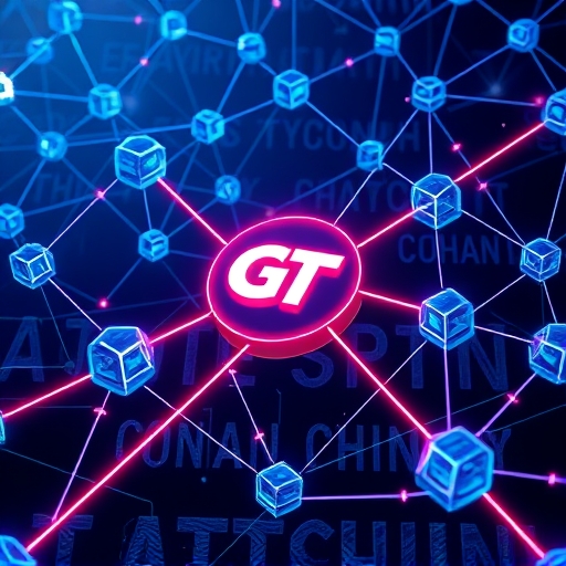 Dynamic interconnected blockchain nodes with GateToken GT flowing between them showcasing GateChain high-performance network