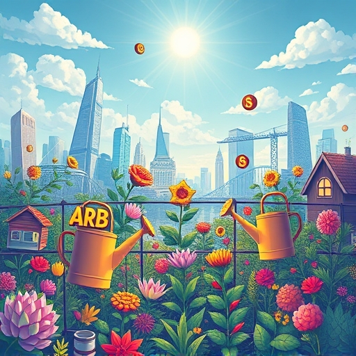 Dynamic scene of digital assets and dApps thriving in the Arbitrum ecosystem with ARB tokens fostering growth