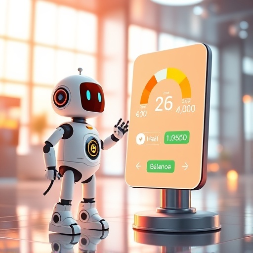 Friendly robot monitoring Aave health factor gauge and loan balances in decentralized lending protocol interface