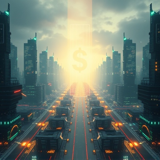 A futuristic cityscape illustrating Ethena's Delta-Neutral Hedging for synthetic dollar USDe stability in DeFi