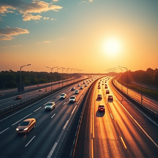 High-speed multi-lane highway with data packet cars symbolizing Aptos Block-STM parallel transaction processing for ultra-high TPS