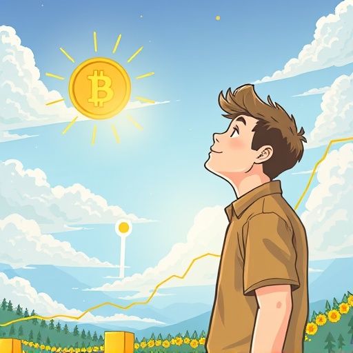 Hopeful illustration of young man gazing at rising Dogecoin chart toward financial success, capturing Dogecoin millionaire's 2026 comeback potential