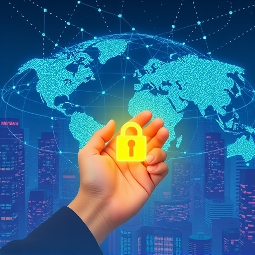 A person holding a glowing digital key unlocking a decentralized blockchain network in a digital city, symbolizing enhanced security and financial sovereignty in cryptocurrency