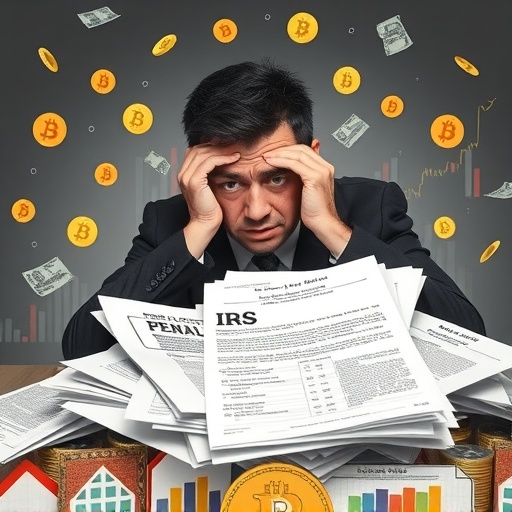 A person nervously reviewing IRS penalty notices amid scattered cryptocurrency charts and coins, illustrating risks of unreported crypto taxes