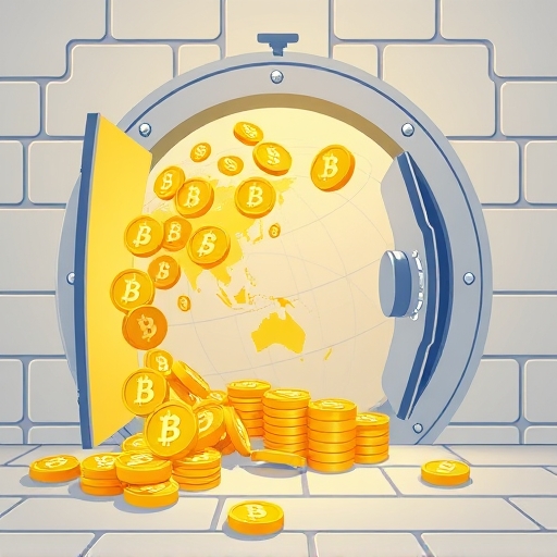 A serene illustration of a secure vault revealing golden cryptocurrency tokens, representing the physical backing and liquidity of Tether Gold XAUt in Swiss vaults