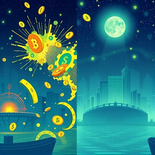 Split scene illustration contrasting short-term meme coin frenzy with MemeCore's stable long-term digital ecosystem vision