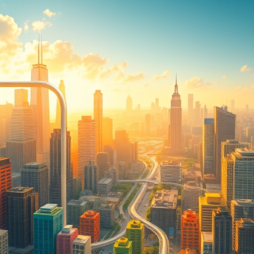 A sprawling digital cityscape with diverse creative works flowing through transparent pipes connecting different blocks representing creators developers and consumers all bathed in a hopeful golden morning light