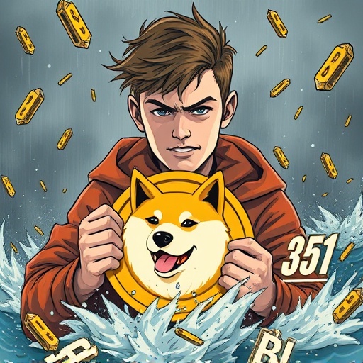 Stoic young man with determined expression clutching Dogecoin symbol amid falling crypto prices, representing diamond hands resilience of Dogecoin millionaire