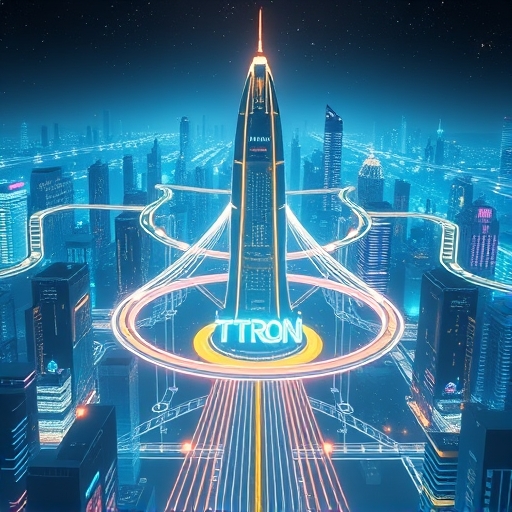 Stylized digital cityscape of TRON ecosystem with interconnected pathways and central HTX exchange tower integration