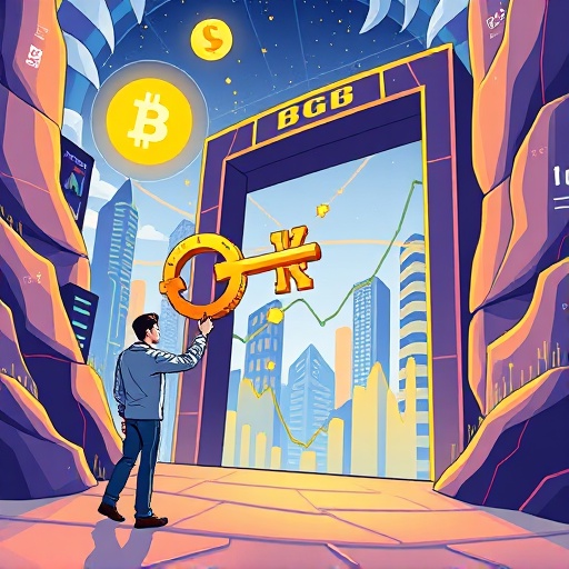 Stylized image of user holding BGB key unlocking Bitget ecosystem gate with trading charts and blockchain elements