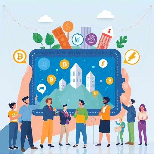 digital wallet held by diverse group interacting with unique digital assets like art and virtual land, representing digital ownership