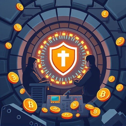 Stylized miners with GPUs securing Ethereum Classic network in a digital vault