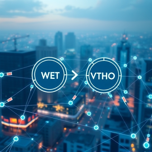 Stylized illustration of VeChain's dual token model with VET and VTHO tokens interconnected like energy flows in a smart city network, highlighting stable transaction fees