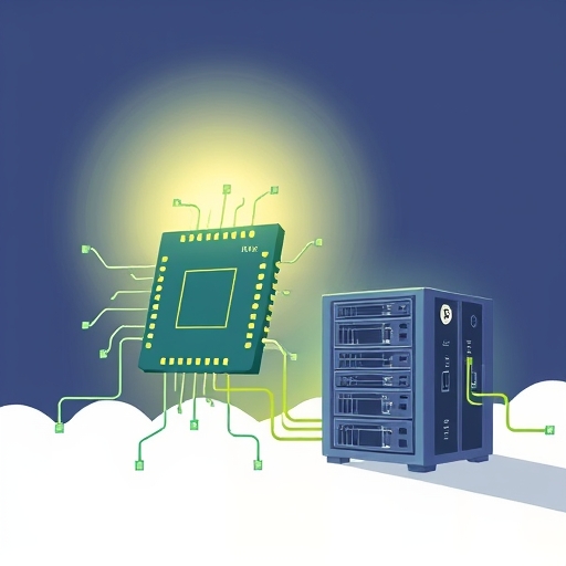 A stylized illustration showing a simplified, energy-efficient processor chip radiating soft light, contrasted with bulky, power-hungry traditional mining hardware, illustrating Pi Network's eco-friendly approach