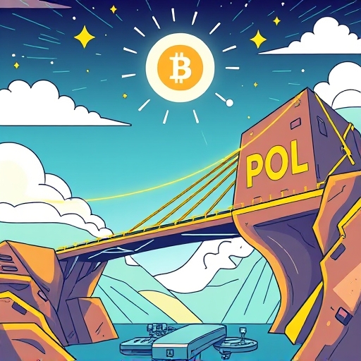 A stylized illustration showing the evolution from MATIC to POL, a bridge between past and future representing technological advancement and a new era of blockchain utility with a sense of progress and optimism