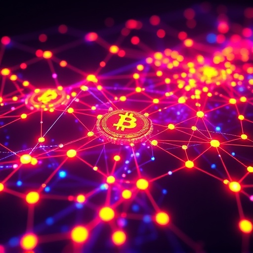 Stylized Bitcoin blockchain visualization showing Ordinals inscriptions flowing through the network