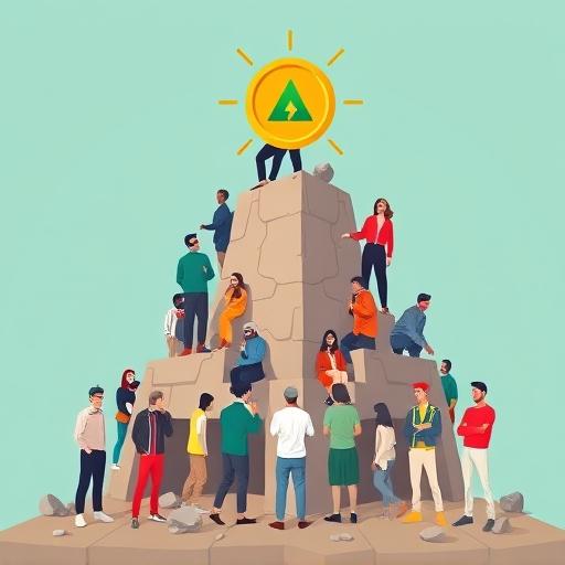 A symbolic illustration of a community of diverse people collaboratively building a strong foundation for a digital economy with the Algorand ALGO token as the cornerstone, representing decentralization, participation, and growth