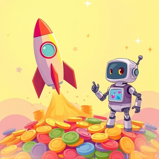 Vibrant illustration of Pump.fun meme coin rocket launch with colorful coins and robot assistant