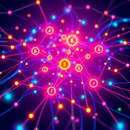 A vibrant digital illustration depicting a futuristic blockchain network with interconnected nodes forming a DAG structure symbolizing speed and decentralization with bright energetic colors for Kaspa BlockDAG
