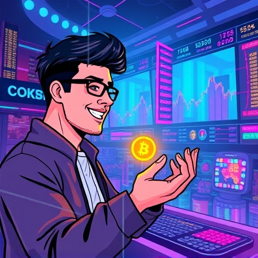 Vibrant illustration of a trader holding glowing OKB token while using OKX trading interface, highlighting OKB trading fee discounts and Jumpstart benefits