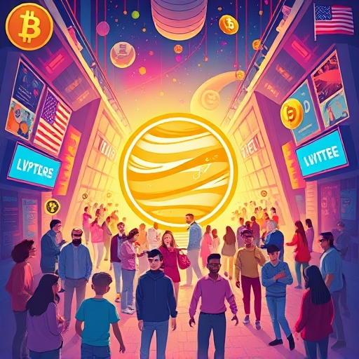 A vibrant illustration of a bustling crypto marketplace with diverse users interacting through a central, glowing portal labeled Jupiter on Solana blockchain