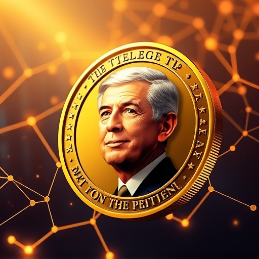 Vibrant digital coin illustration featuring a presidential portrait on blockchain network for TRUMP meme coin