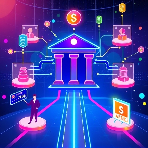Vibrant illustration of Sky Protocol as futuristic digital bank with USDS savings rewards and SKY governance